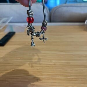 Red & Pink Charm Bracelet – Elephant, Eiffel Tower & Dragonfly
